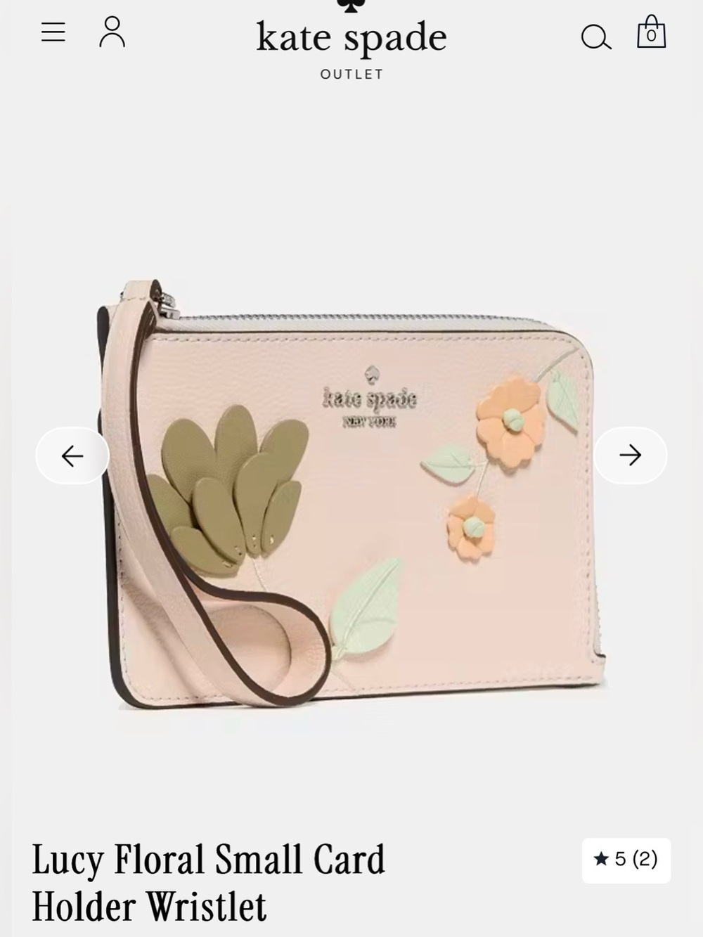 kate spade blush floral wristlet card holder with green appliqué